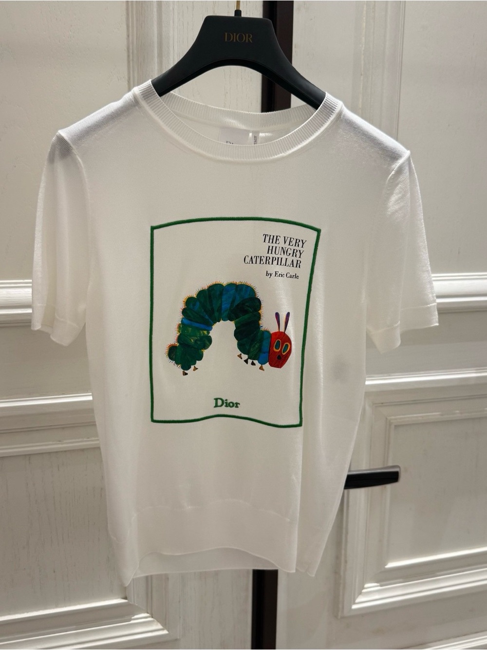 NWOT Dior White Silk Graphic Tee with Caterpillar Print, Size 36/38/40/42